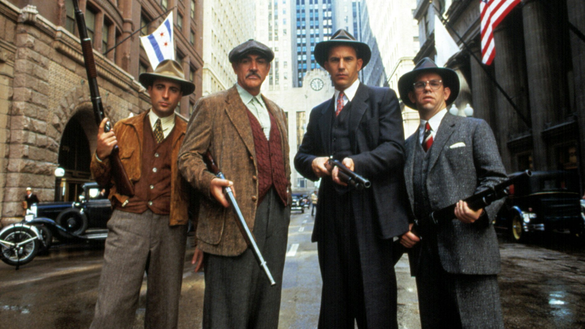 Andy Garcia, Sean Connery, Kevin Costner, Charles Martin Smith (v.l.n.r.) in Brian De Palmas Kriminalfilm „Die Unbestechlichen“ im Jahr 1987.