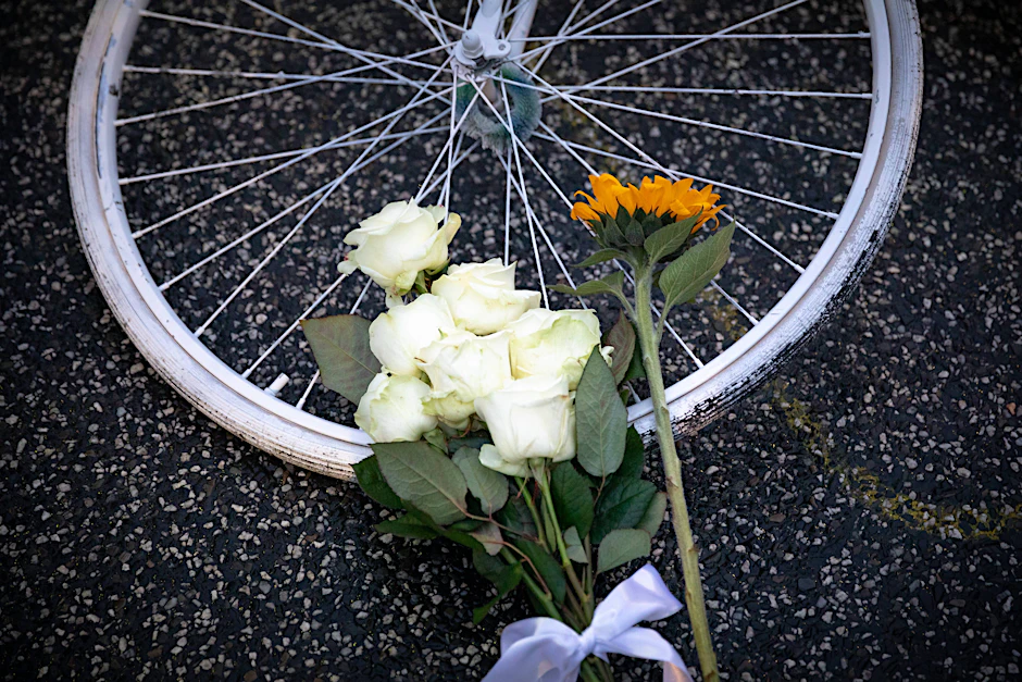 Flowers laid in memory of a cyclist killed in Mitte.