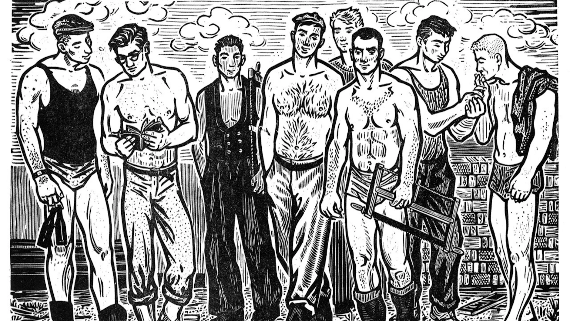 Jürgen Wittdorf: „Baubrigade der Sportstudenten"“, LInolschnitt 1964.