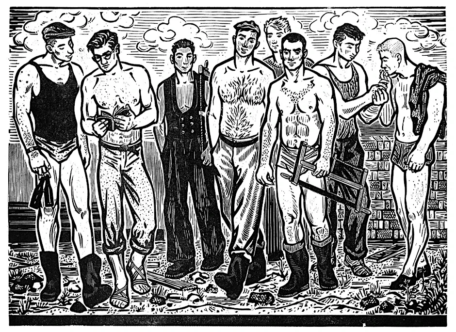 Jürgen Wittdorf: „Baubrigade der Sportstudenten"“, LInolschnitt 1964.
