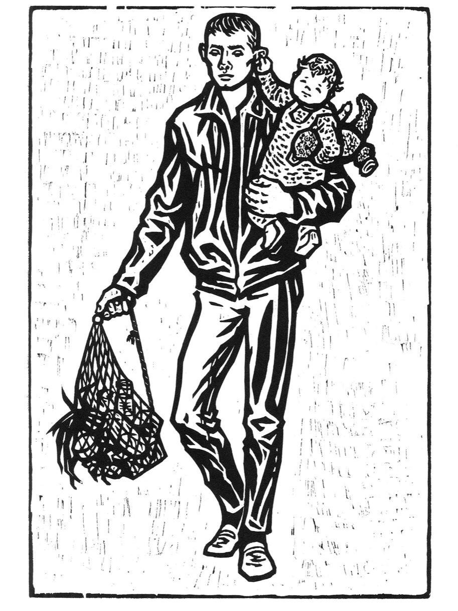 „Noch kein Bartwuchs und schon Vater“ aus Wittdorfs „Zyklus für die Jugend“, 1961–1963, als Mappenwerk aufgelegt