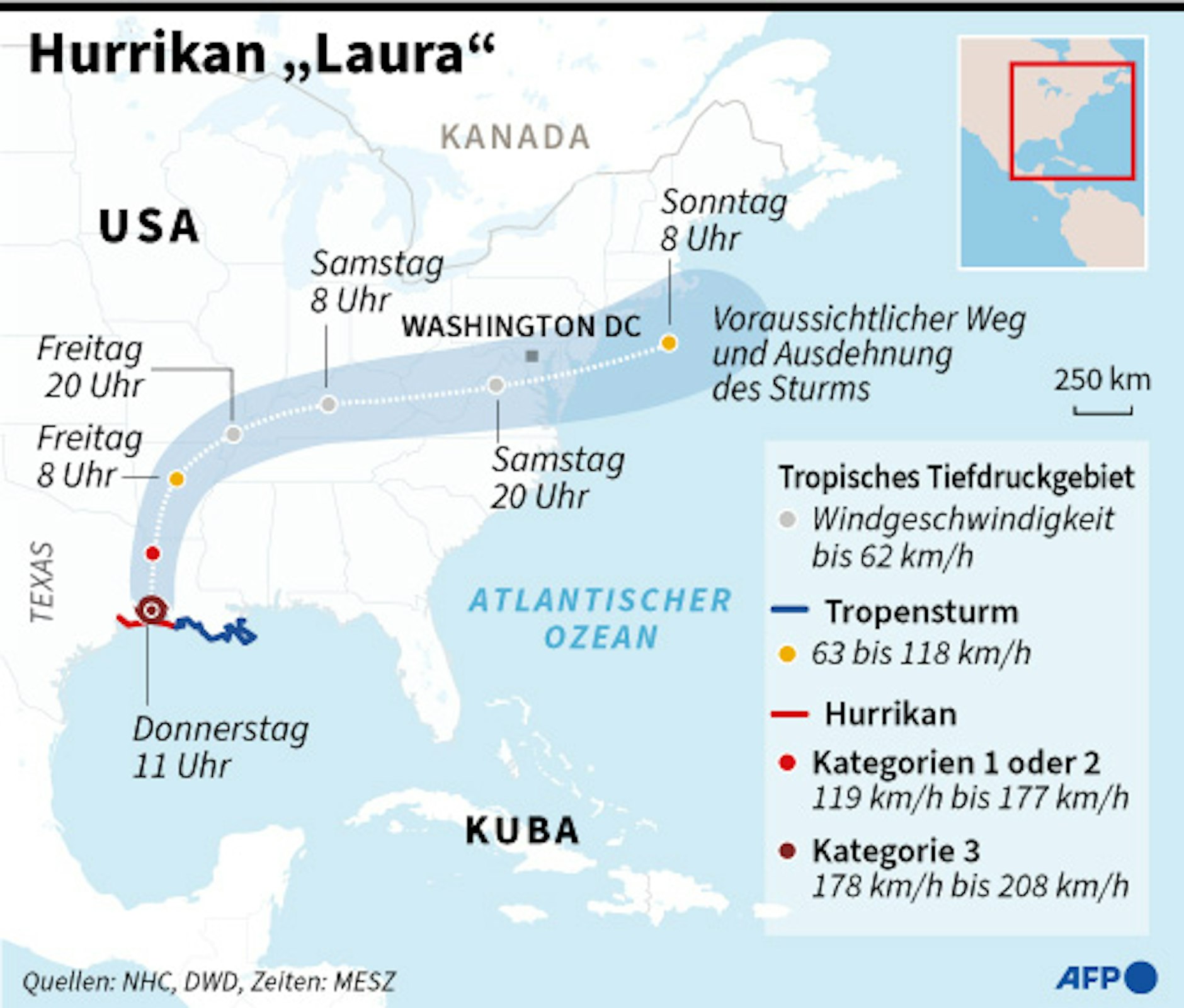 Karte mit voraussichtlichem Weg des Tropensturms.<br>