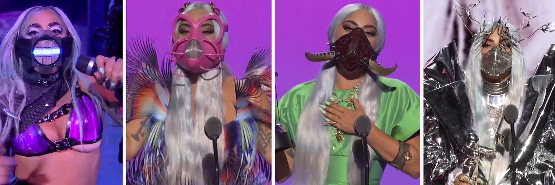 Lady Gaga wie immer in unterschiedlichen ausgefallenen Kostümen und mit Mund-Nasen-Schutz.