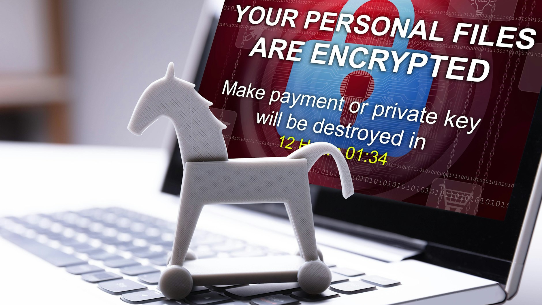 „Trojanische Pferde“ - kurz „Trojaner“ - schleppen als harmlos erscheinende Anhänge Schadsoftware in den Computer ein. Hier wird gedroht, das man keinen Zugang mehr zu seinen Daten bekommt, wenn man kein Lösegeld bezahlt.