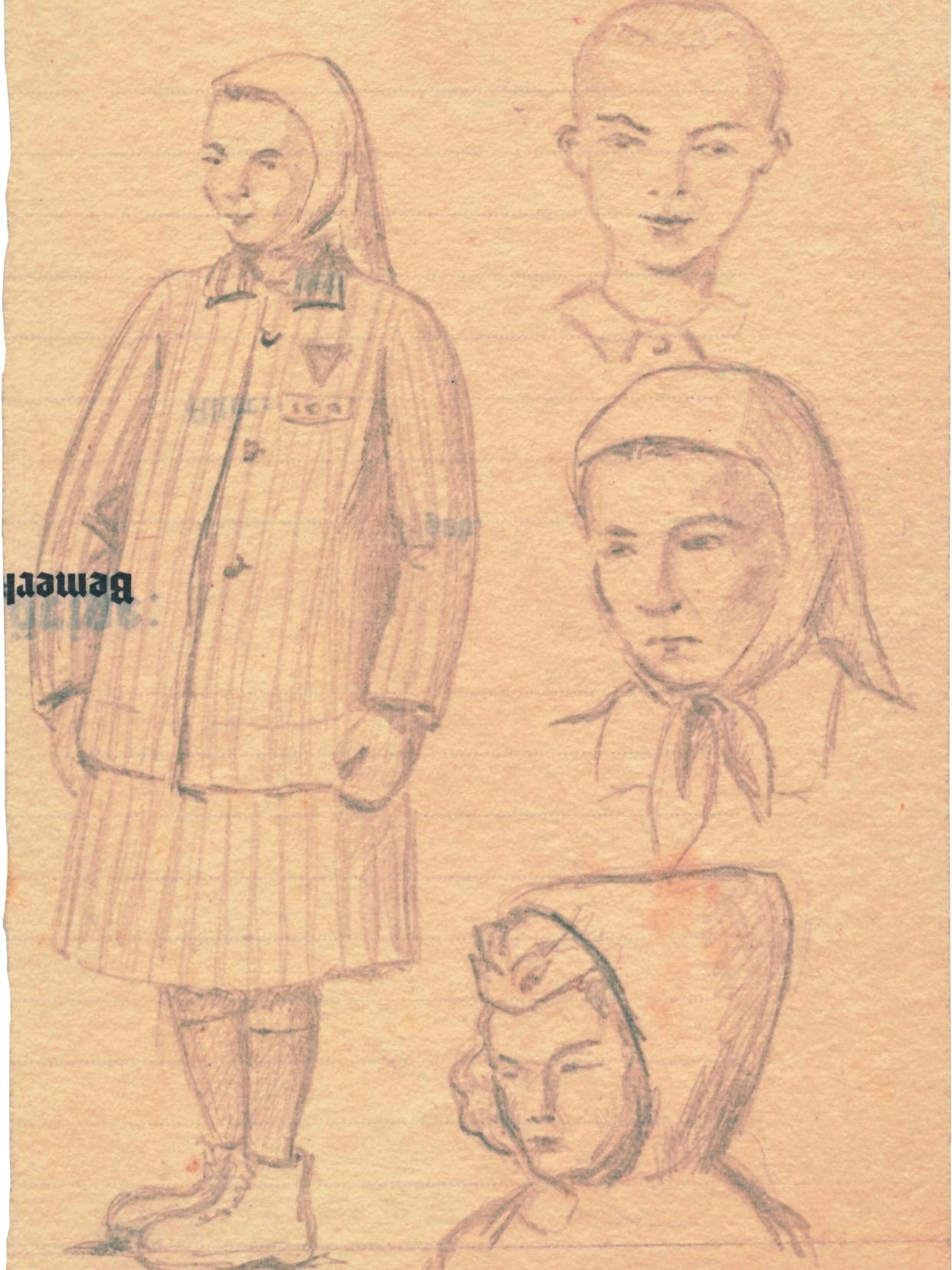 So zeichnete die KZ-Insassin Jeannin-Garreau Leidensgenossinnen und eine Aufseherin (mit Käppi und Kapuze).
