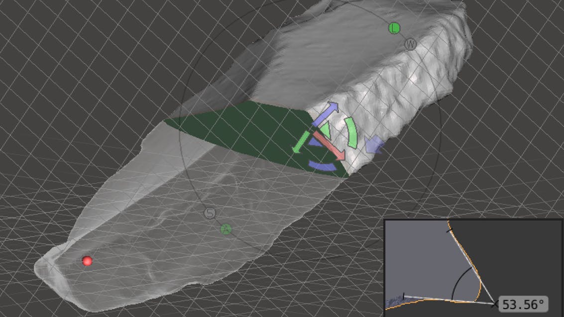 Digitale Analyse des Querschnitts und des Kantenwinkels an einem dreidimensionalen Modell eines Messers mit Rücken aus der Sesselfelsgrotte.