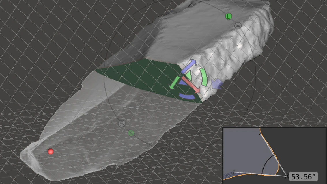 Digitale Analyse des Querschnitts und des Kantenwinkels an einem dreidimensionalen Modell eines Messers mit Rücken aus der Sesselfelsgrotte.