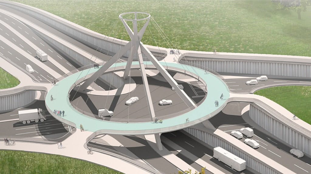 So könnte der Knotenpunkt im Osten Berlins, an dem die geplante neue Straße die Bundesstraße B1/5 kreuzt, aussehen. Rechts führt die Märkische Allee nach Marzahn, links die TVO nach Köpenick. Eine kreisrunde Brücke dient dem Rad- und Fußverkehr. <br>