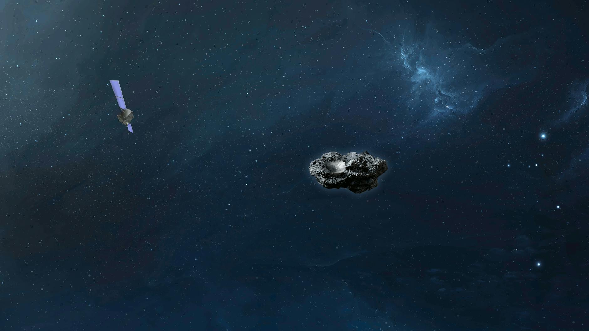 Die Simulation zeigt die Sonde „Hera“ im Anflug auf den Asteroiden Didymoon. Die europäische Raumfahrtbehörde Esa hat in ihrem Kontrollzentrum in Darmstadt den Startschuss für ihre erste Mission zur Asteroiden-Abwehr gegeben.