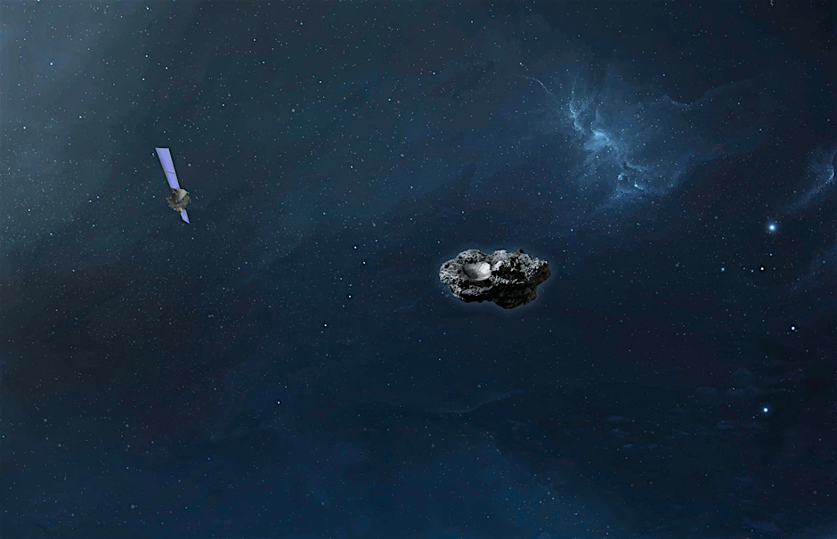 Die Simulation zeigt die Sonde „Hera“ im Anflug auf den Asteroiden Didymoon. Die europäische Raumfahrtbehörde Esa hat in ihrem Kontrollzentrum in Darmstadt den Startschuss für ihre erste Mission zur Asteroiden-Abwehr gegeben.