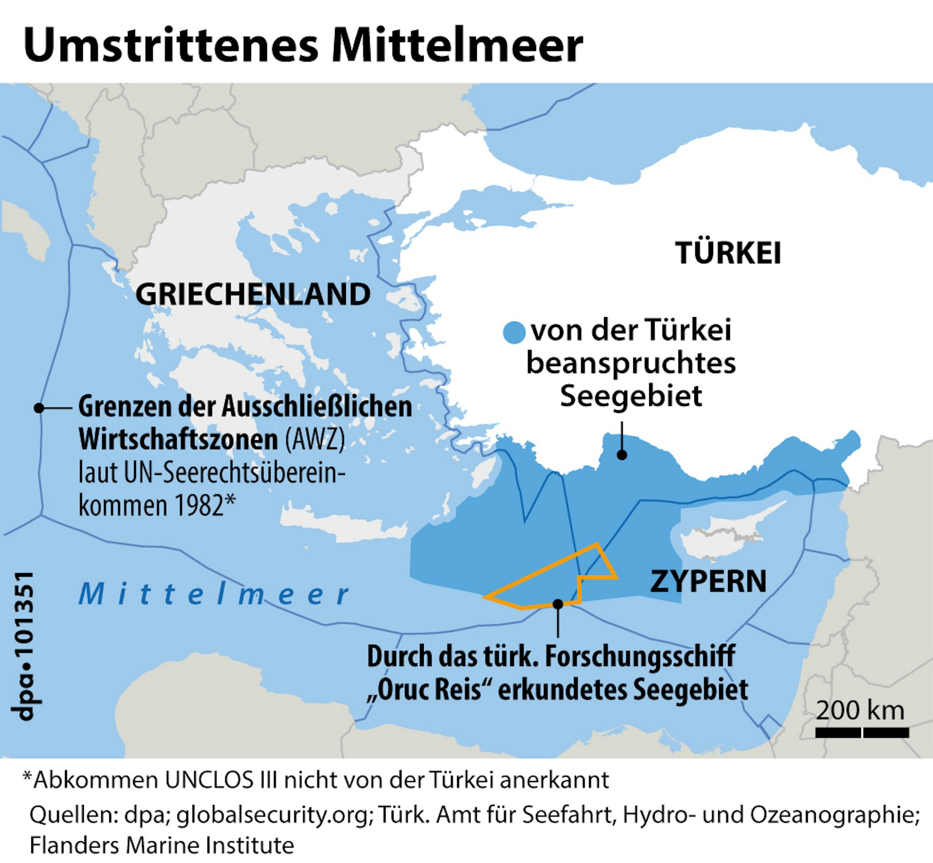 Die Karte zeigt die verworrenen Anspruchszonen von Türken, Griechen und Zyprioten. Sie macht erkennbar, dass die Ägäis nahezu vollständig griechisch ist, obwohl die Türkei eine lange Küste gegenüber von Griechenland hat.