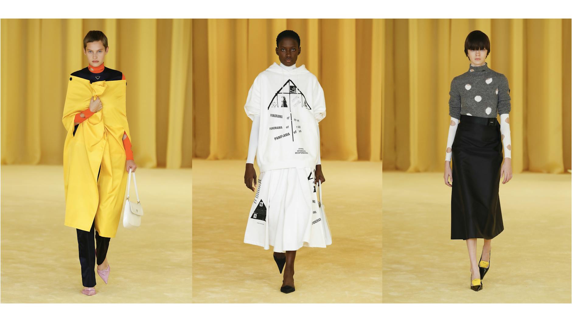 Rafs Südwester-Gelb und Miuccias Röcke: drei Prada-Looks für Frühling 2021. 