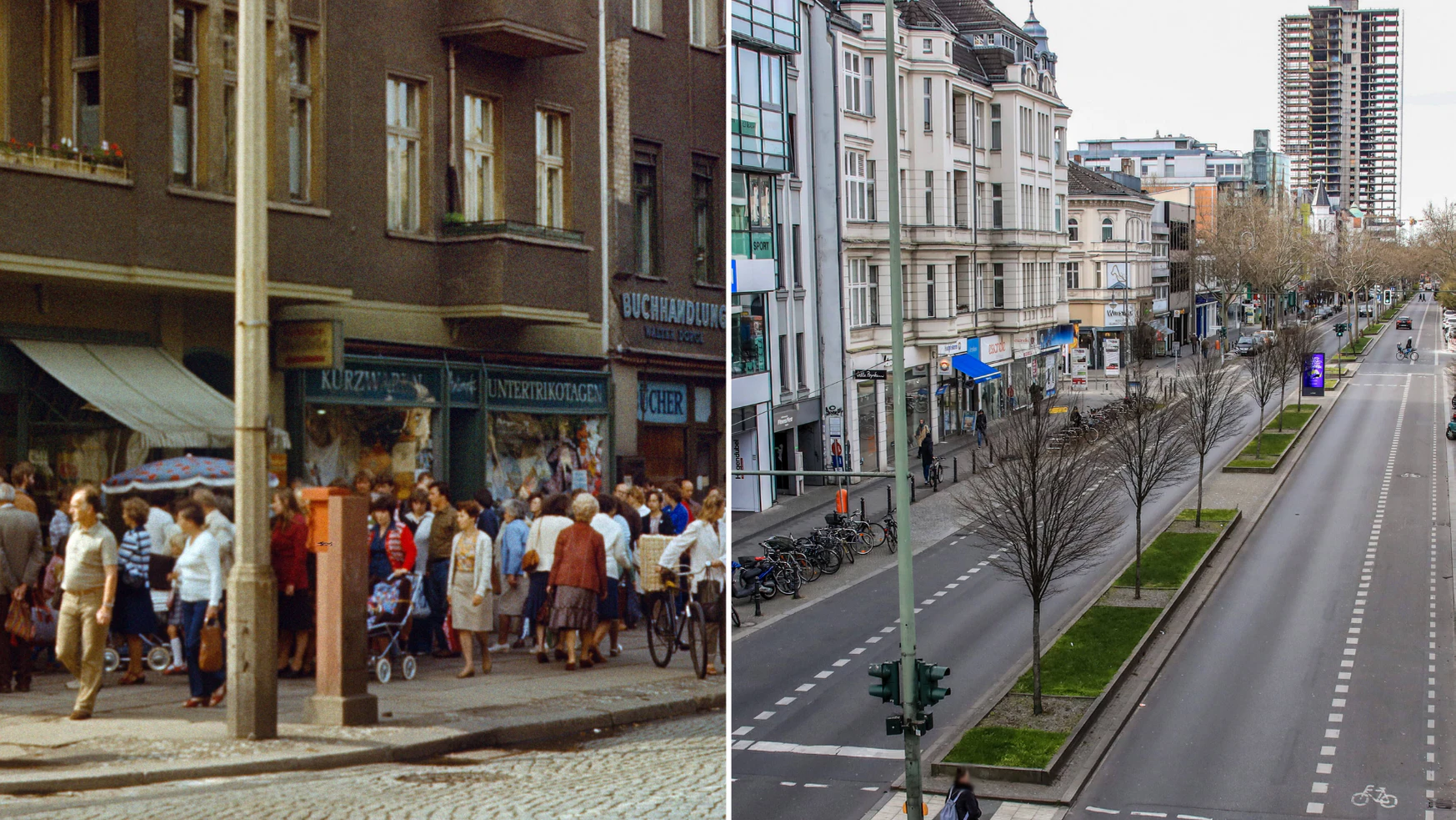Links: Reges Treiben vor einem Obstladen in der DDR. Rechts: Die menschenleere Schlossstraße in Berlin.