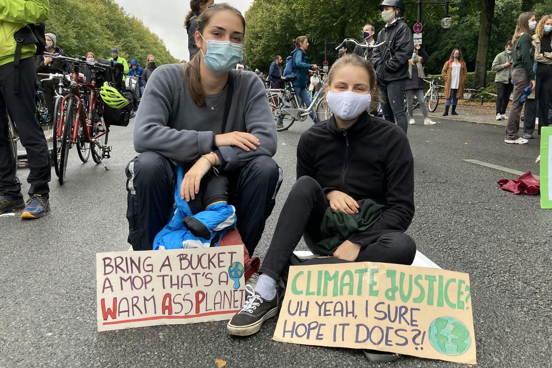 Tara and Jule, both 21, don't see why a climate emergency should stop us having fun with pop culture references.