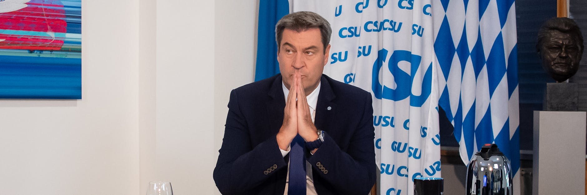CSU-Chef Markus Söder beim virtuellen Parteitag in seinem Büro in der CSU-Landesleitung. 