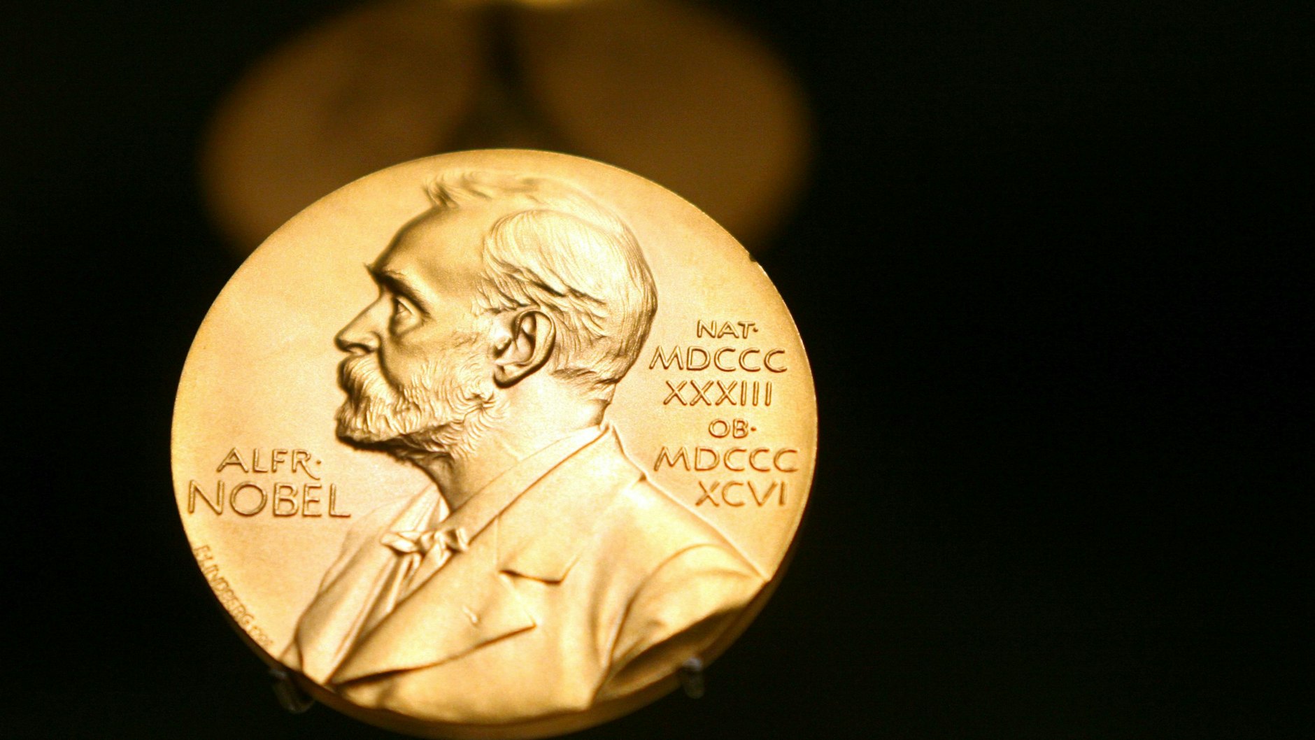 Nobelpreis-Medaille mit dem Profil Alfred Nobels, zu sehen im Nobel-Museum in Stockholm.