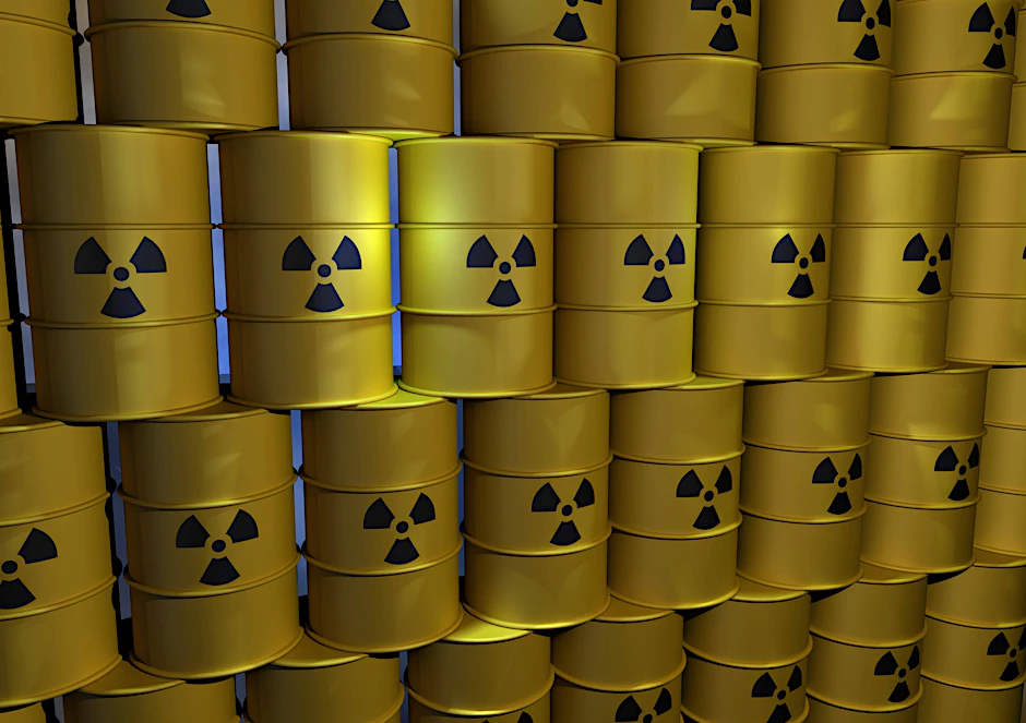 Gestapelte Atommüll-Fässer.