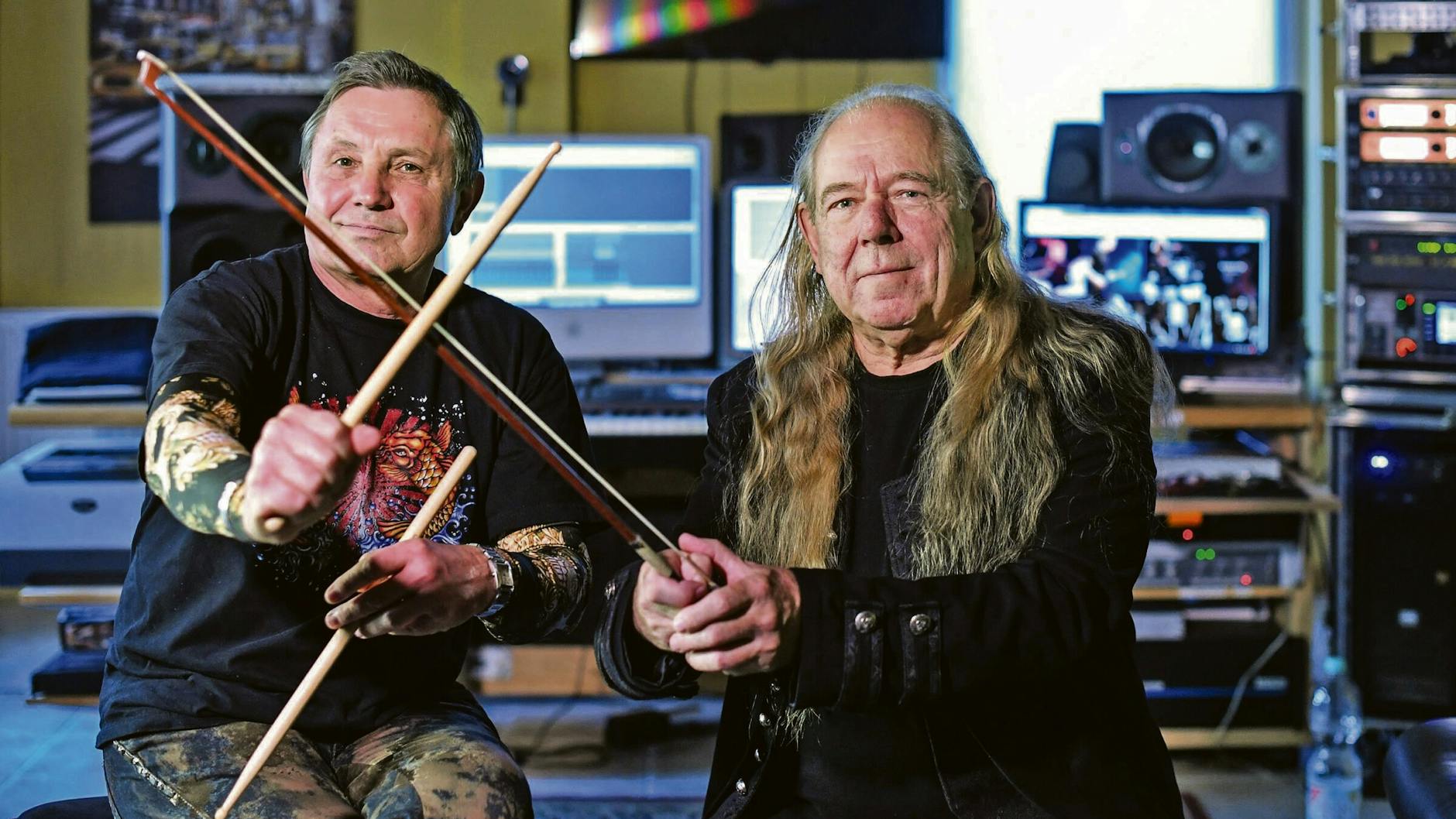 Machen gemeinsame Sache: Ex-Puhdys-Drummer Klaus Scharfschwerdt und Rock-Legende Hans „die Geige“ Wintoch.