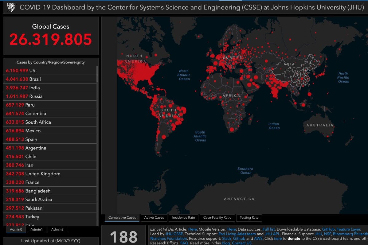 Das Dashboard der Johns Hopkins University, Ansicht vom Freitag.