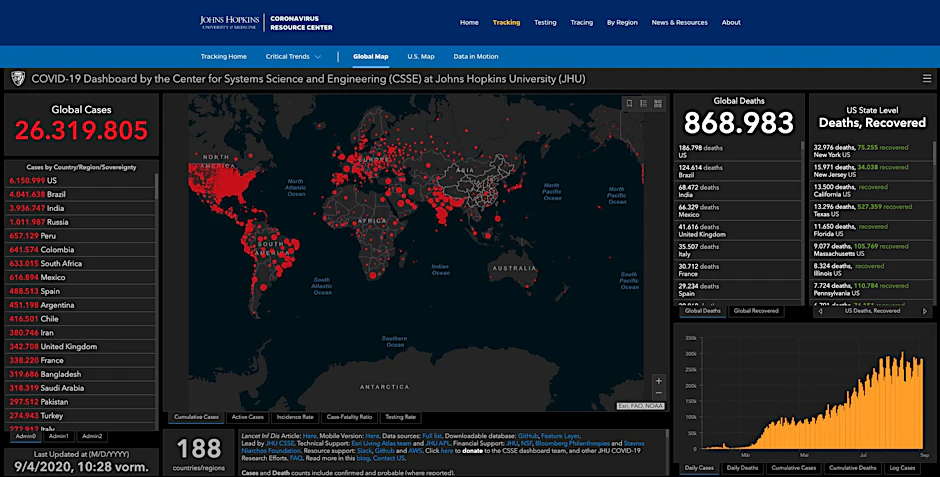 Das Dashboard der Johns Hopkins University, Ansicht vom Freitag.