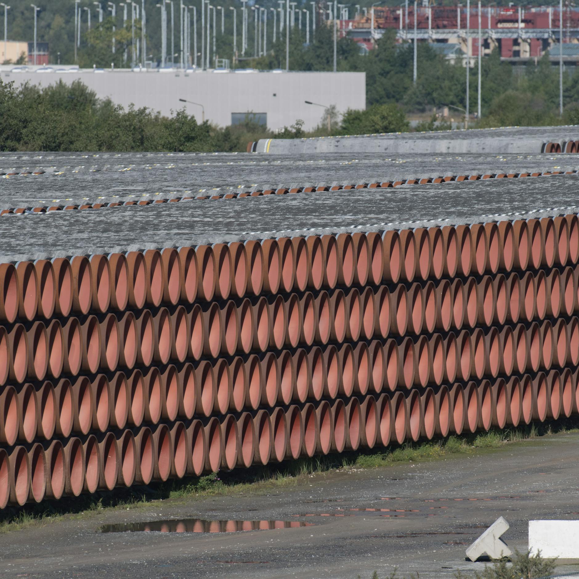 Rohre für die Erdgas-Pipeline Nord Stream 2 liegen im Hafen Mukran auf Rügen.