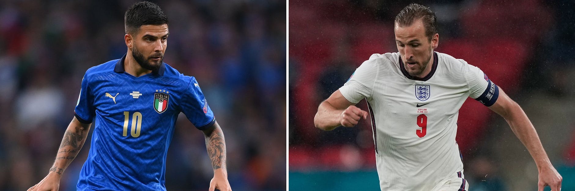Wer trifft im Finale? Italiens Lorenzo Insigne (l.) oder Englands Harry Kane? Die Three Lions wollen ihren erste EM-Titel, Italien hofft auf den zweiten nach 1968. 