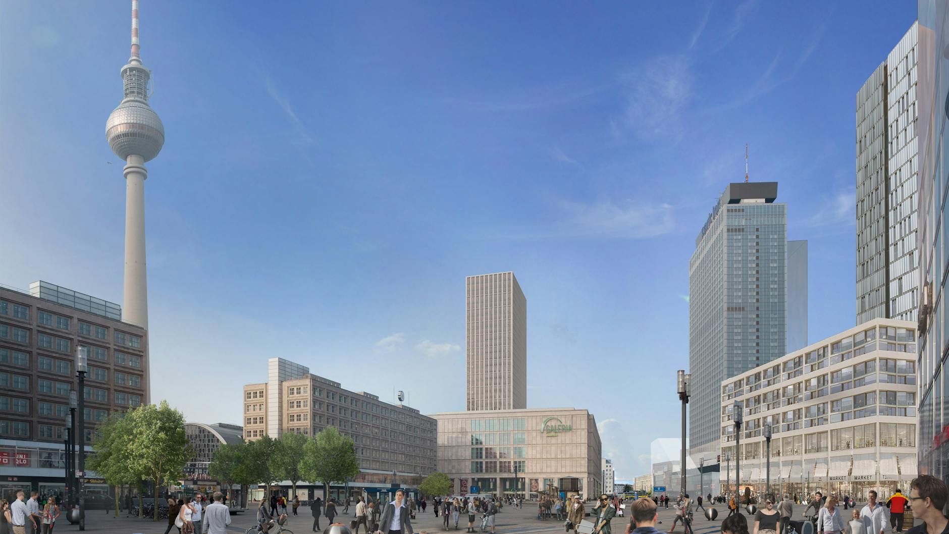 Zukunftsvision: So sieht der Alexanderplatz aus, wenn die Hochhäuser bei Galeria Kaufhof (Bildmitte) und neben dem Hotel Park Inn (rechts) stehen. <br>