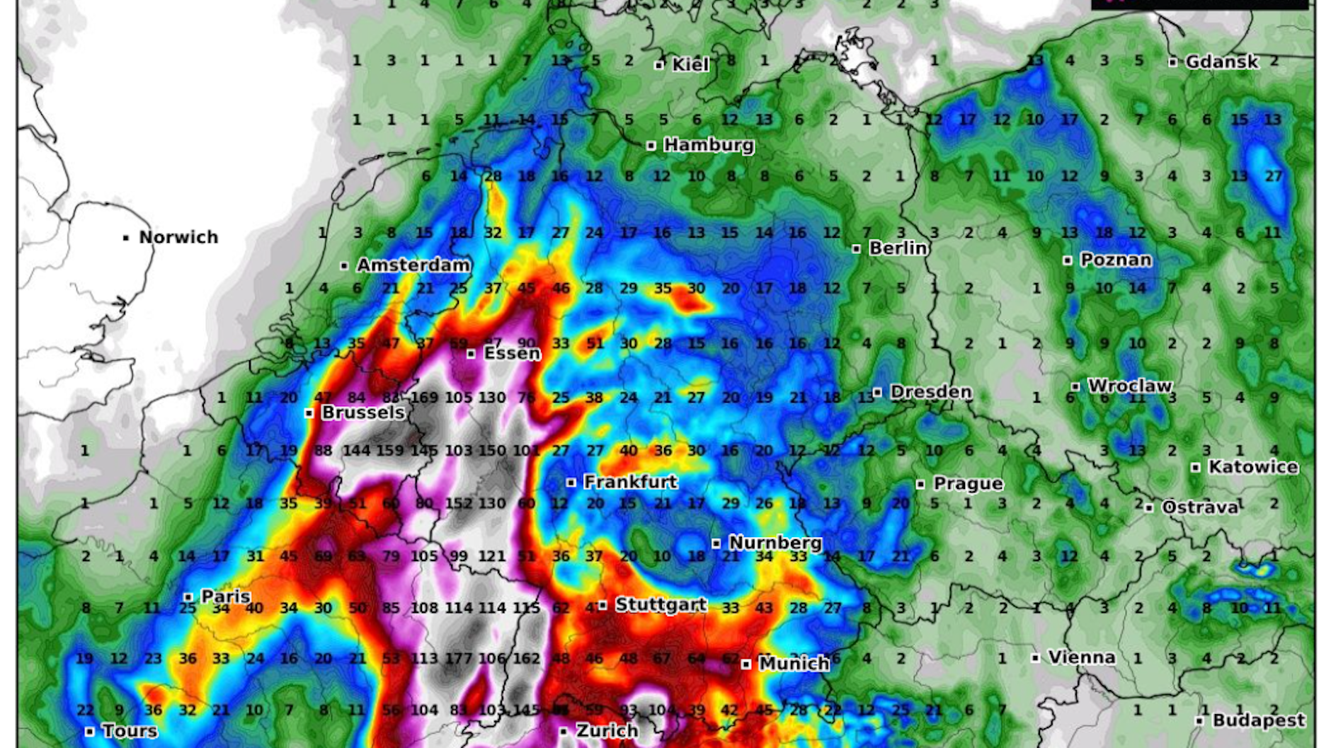 Regenmengen binnen nur 72 Stunden im Westen und Südwesten! Komplett um den Rhein herum gibt es heftigen Dauerregen von NRW bis runter in die Schweiz.