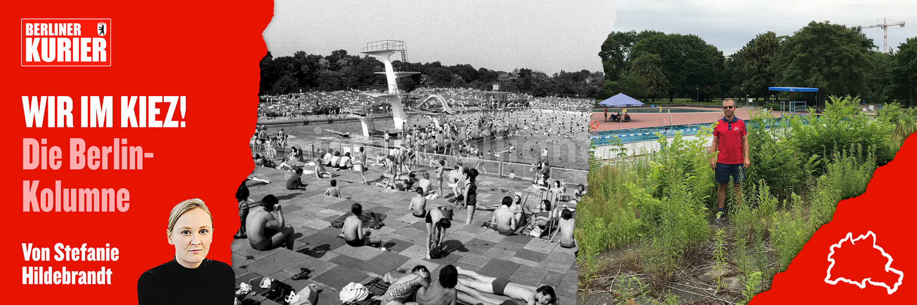 Links: Ein Foto aus längst vergessenen Zeiten. Rechts: Schwimmmeister René Czaya im Freibad Pankow. Die Tribüne ist zugewuchert. Zweimal im Jahr wird gemäht.