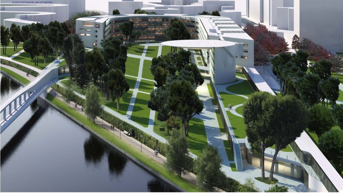 So soll der Erweiterungsbau des Kanzleramts aussehen. Die Brücke links würde über die Spree zum Hauptgebäude führen.<br>