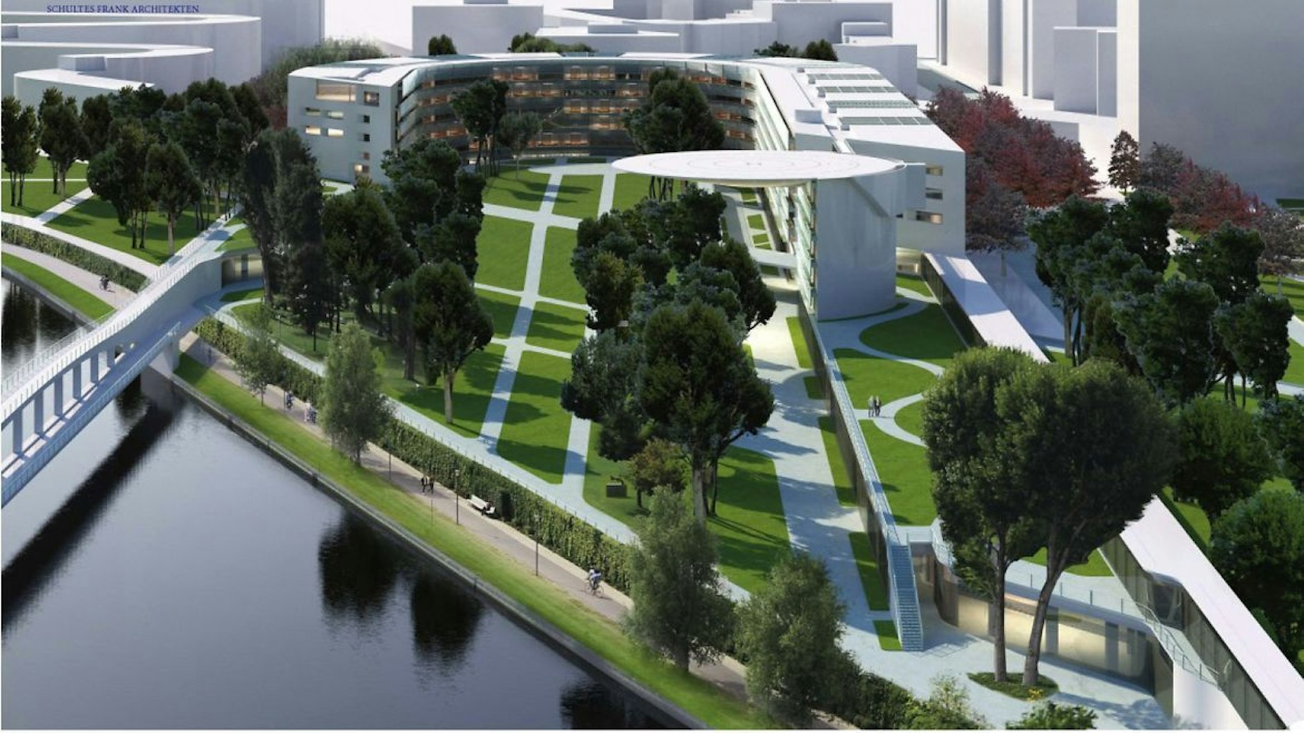 So soll der Erweiterungsbau des Kanzleramts aussehen. Die Brücke links würde über die Spree zum Hauptgebäude führen.<br>