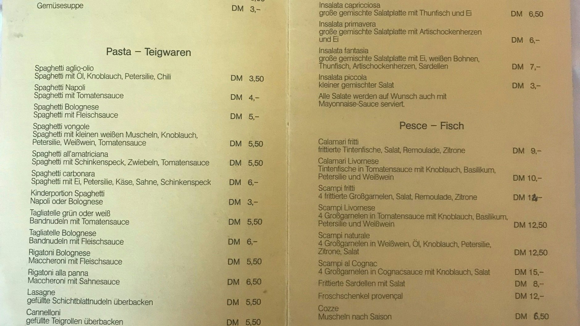 Ein Auszug aus der Speisekarte von 1977