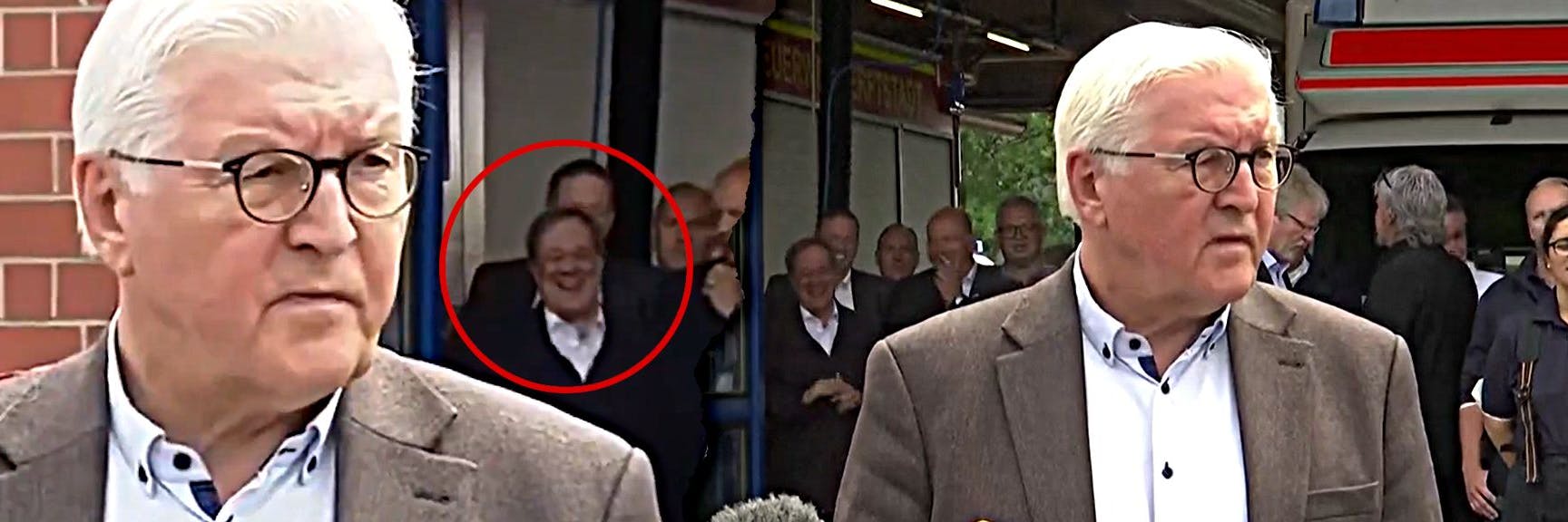 Bundespräsident Steinmeier hält eine Ansprache, im Hintergrund feixt Kanzlerkandidat Armin Laschet.