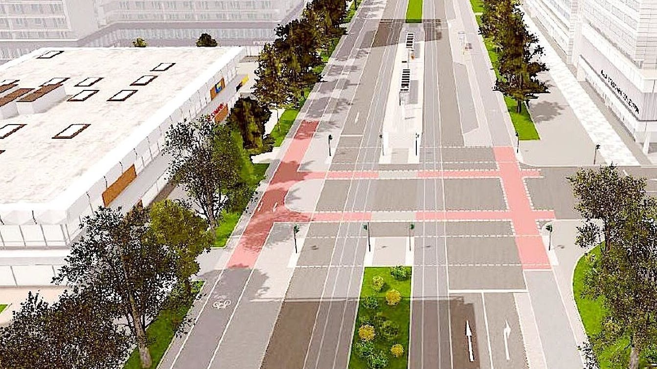 Eine der Varianten für die geplante Umgestaltung der Leipziger Straße in Mitte, die der Senat im Februar 2020 vorgestellt hat. Ein späterer Plan zeigt auch ein Gleis auf dem Mittelstreifen – für Bahnen, die dort umkehren.