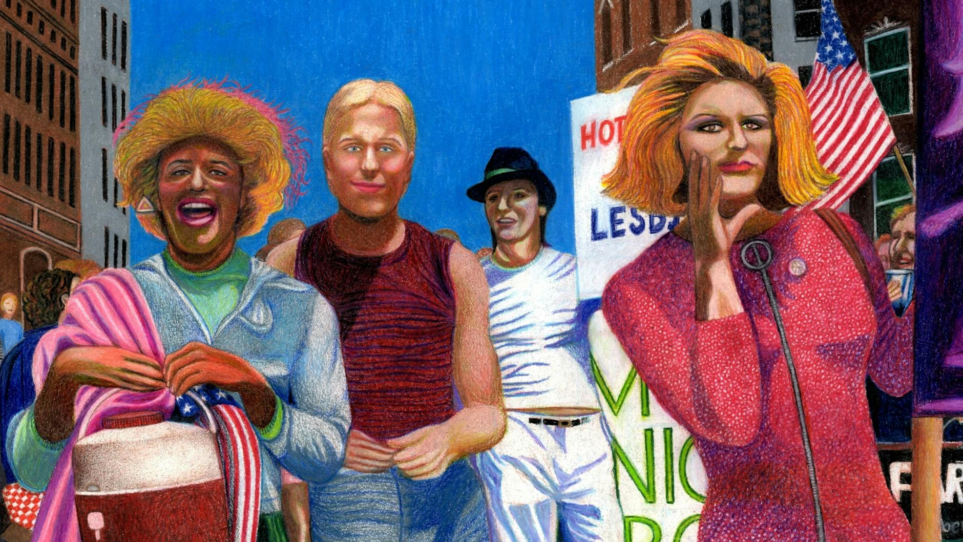 Out, Loud and Proud: Die Vorkämpfer für die Rechte der LGBT, Marsha P. Johnson, Joseph Ratanski und Sylvia Rivera (v.l.n.r.) beim CSD 1973 in New York. Das Gemälde von 2016 stammt von dem amerikanischen Künstler und Filmemacher Gary LeGault.