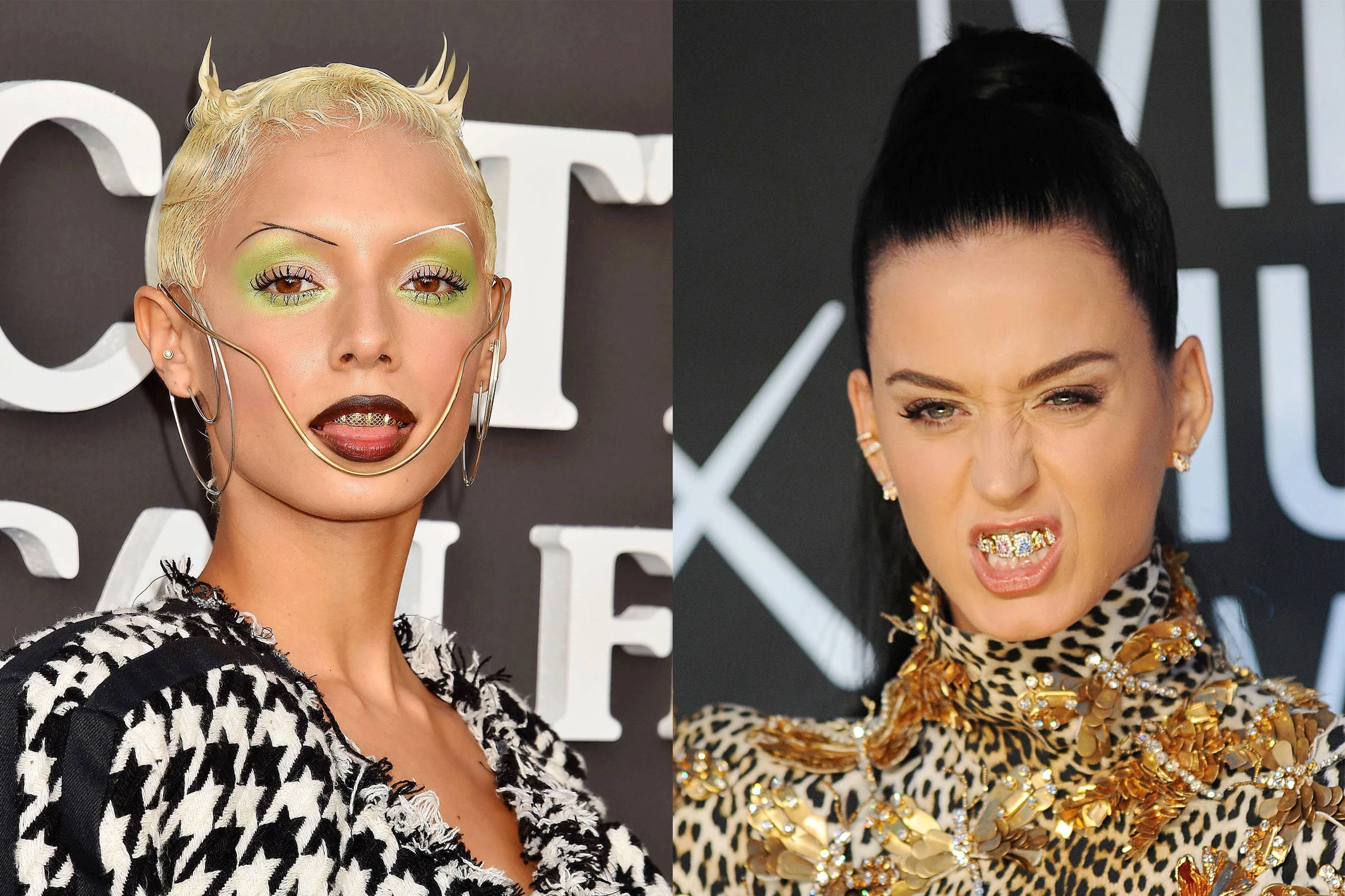 Grillz an Model Jazzelle Zanaughtti aka  @uglyworldwide (links) und an Popstar Katy Perry, die ihren Song „Roar“ auf den Zähnen trägt.
