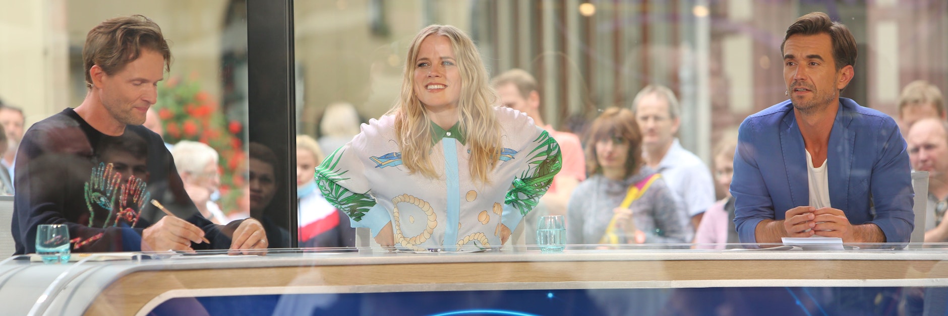 Casting im Glaskasten: Toby Gad, Ilse DeLange, Sängerin und Schlagerstar Florian Silbereisen beim ersten Dreh für „Deutschland sucht den Superstar“ („DSDS“).