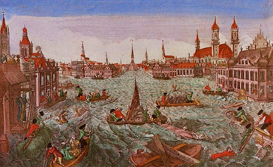 Das Rheinhochwasser von 1784, dargestellt von Johann Baptist Bergmüller. Die extremen&nbsp;<a href="https://www.wikiwand.com/de/%C3%9Cberschwemmung">Überschwemmungen</a> im Februar und März jenes Jahres gelten&nbsp;als eine der größten Naturkatastrophen der <a href="https://www.wikiwand.com/de/Fr%C3%BChe_Neuzeit">frühen Neuzeit</a> in Mitteleuropa. Sie folgten einem Eiswinter, der Ausbrüchen der Laki-Krater auf Island geschuldet war.
