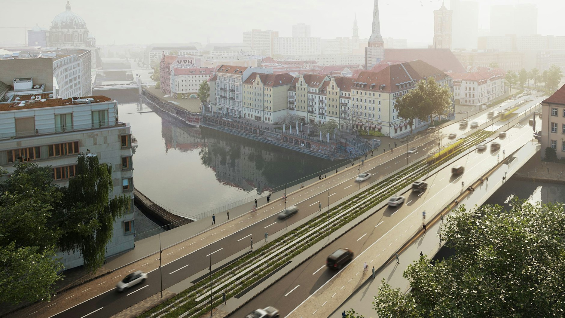 Breite Fuß- und Radwege auf jeder Seite, zunächst zwei Fahrspuren pro Richtung und Straßenbahngleise in der Mitte: So sieht der Gewinnerentwurf für die neue Mühlendammbrücke aus.