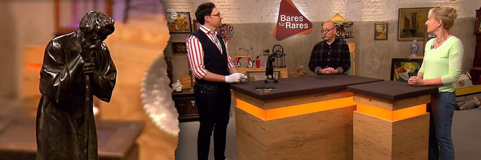 Kandidatin Petra Meyer will bei „Bares für Rares“ diese Bronzefigur verkaufen. Rechts: Meyer mit Moderator Horst Lichter und Kunst-Experte Colmar Schulte-Goltz.