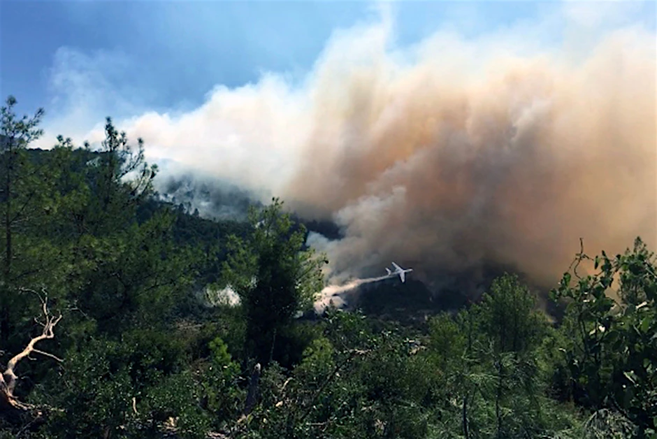 Ein Löschflugzeug fliegt über einem Waldbrand in der Nähe der Stadt Manavgat in der Provinz Antalya auf. Die Türkei kämpft mit den schwersten Waldbränden seit Jahren.