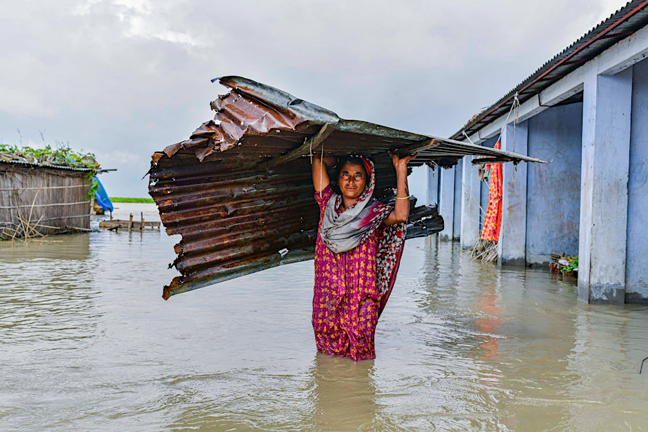 Überschwemmung nach starken Regenfällen in Nord-Bangladesch. Eine Frau trägt ein Wellblechdach durch das Wasser.&nbsp;
