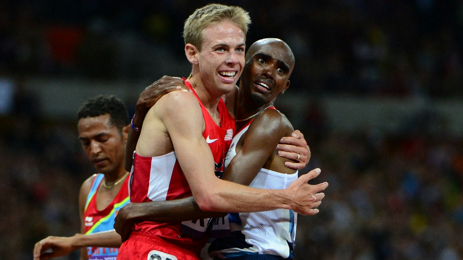 In einem falschen Zusammenhang wird das Foto des Briten Mohamed Farah (rechts) und des Amerikaners Galen Rupp bei den Olympischen Spielen 2012 im Netz verwendet.&nbsp;