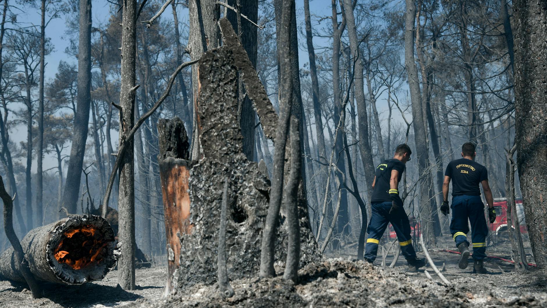 Am Tag nach den verheerenden Bränden im Norden der griechischen Hauptstadt Athen begutachten Einsatzkräfte die Schäden.