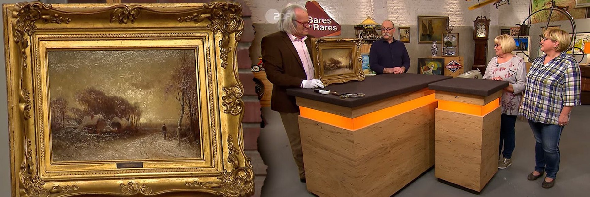 Bei der Expertise: Albert Maier schaut sich das Gemälde ganz genau an. Neben ihm: „Bares für Rares“-Moderator Horst Lichter und die Kandidatinnen Regine Rosenke und Hildegard Bremshey.