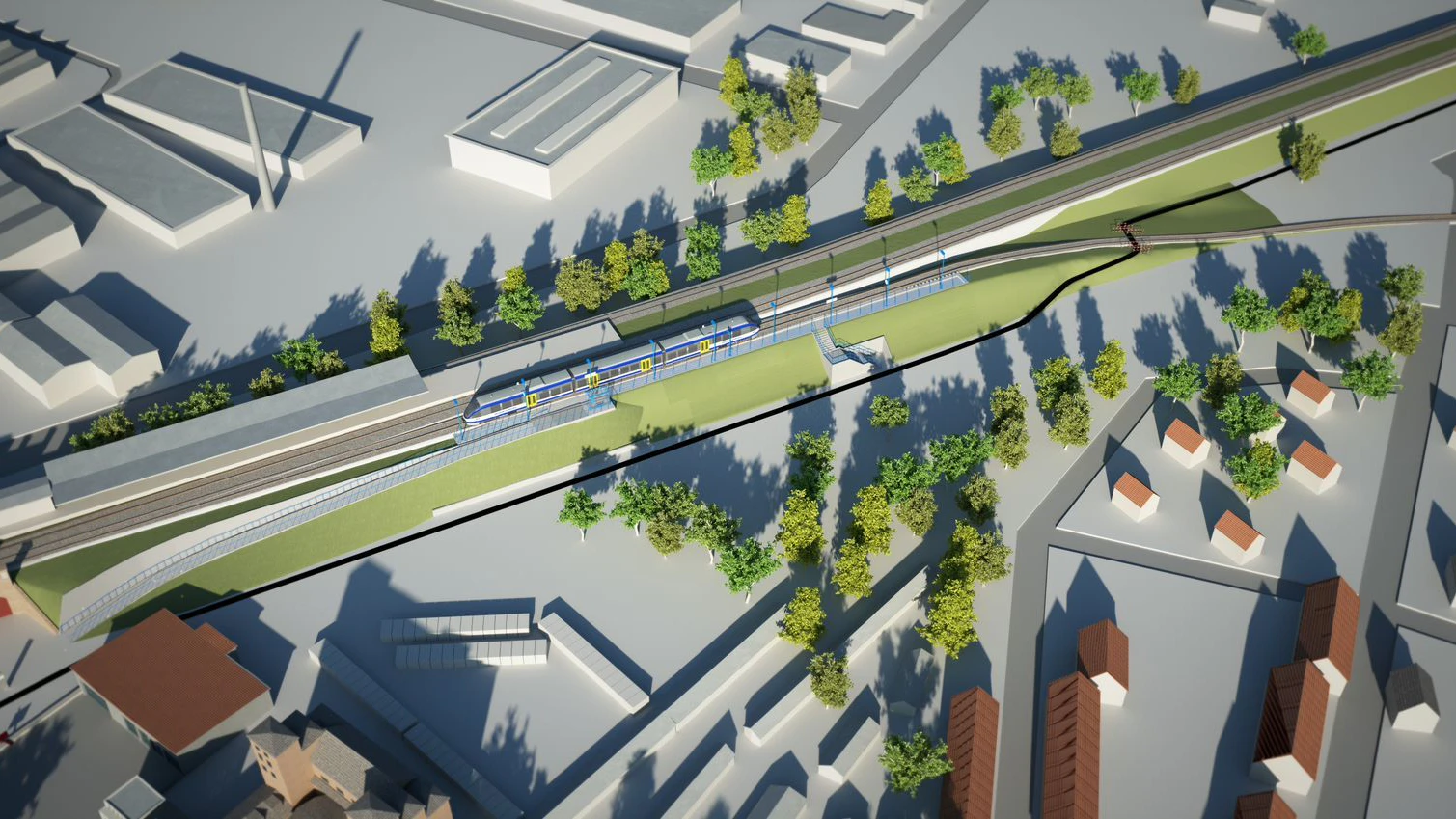 Der künftige neue Endpunkt der Heidekrautbahn: In Berlin-Wilhelmsruh halten die Züge auf einem Damm neben dem S-Bahnhof Wilhelmsruh. Ende 2024 soll der Zugbetrieb beginnen – 63 Jahre nach dem Mauerbau.&nbsp;