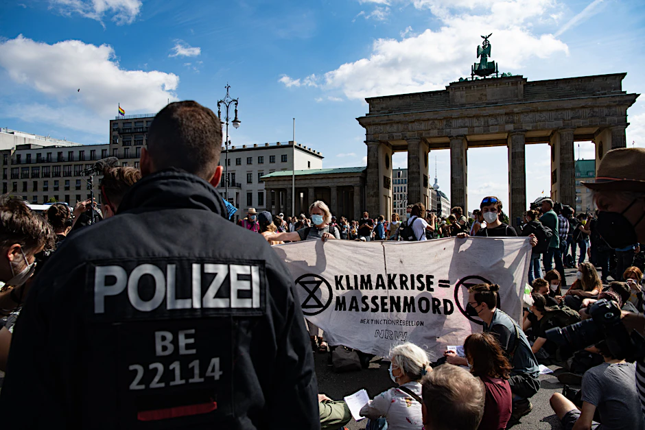 Climate protesters at Brandenburg Gate Monday morning.