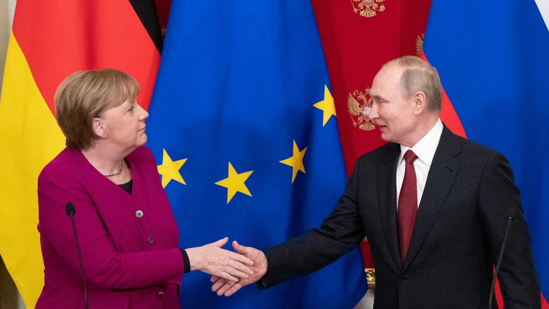 Bundeskanzlerin Angela Merkel (CDU) und Wladimir Putin, Präsident von Russland, im Januar 2020 in Moskau.