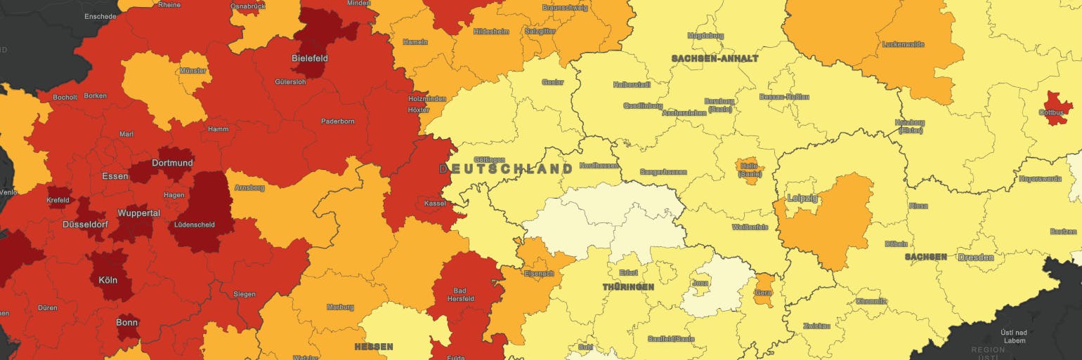 Die tiefroten Stellen zeigen, wo sich besonders viele Fälle konzentrieren.