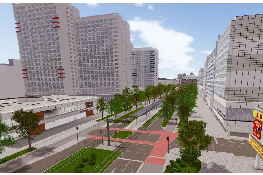 Vier Baumreihen, vier Meter breite Radwege und Straßenbahngleise auf dem Mittelstreifen, der verbreitert und begrünt wird: Die Simulation zeigt die bisherige Planung für die Leipziger Straße im östlichen Stadtzentrum.